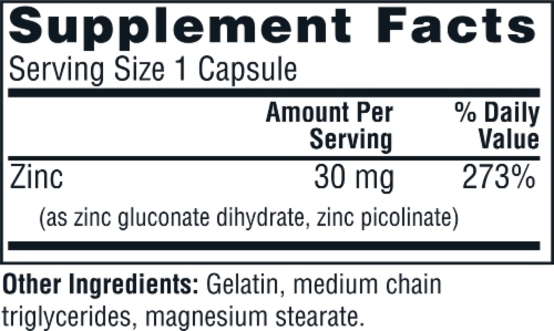 Twinlab Zinc 30mg Caps Perspective: back