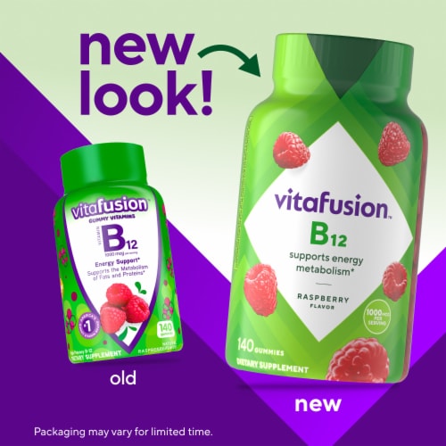 vitafusion Vitamin B12 Raspberry Flavored Gummy Vitamins Energy Support Supplement 1000mcg Perspective: back