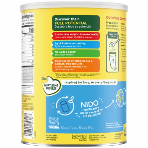 NIDO Fortificada Powdered Drink Mix - Dry Whole Milk Powder with Vitamins and Minerals Canister Perspective: back