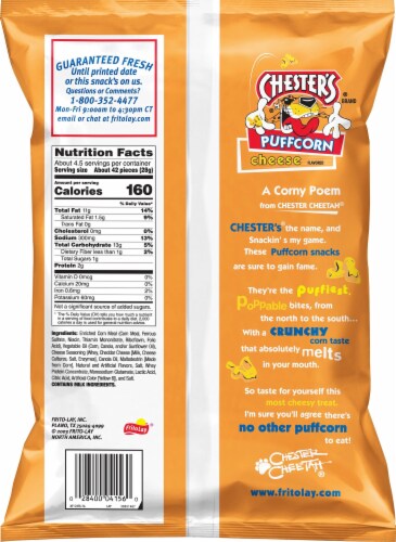Chester's Cheese Puffcorn Snacks Perspective: back