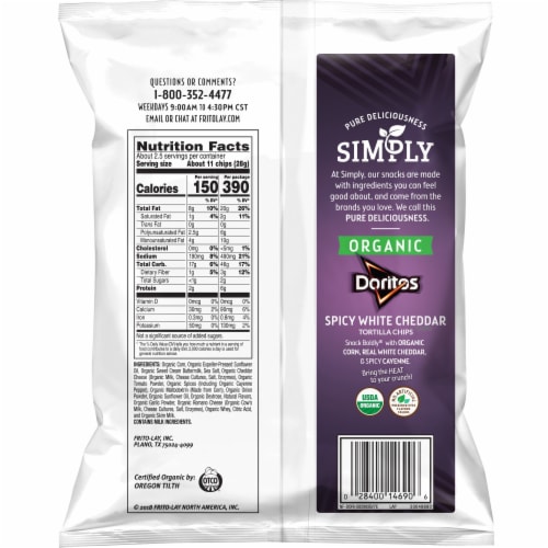 Doritos Simply Organic Spicy White Cheddar Flavored Tortilla Chips Perspective: back