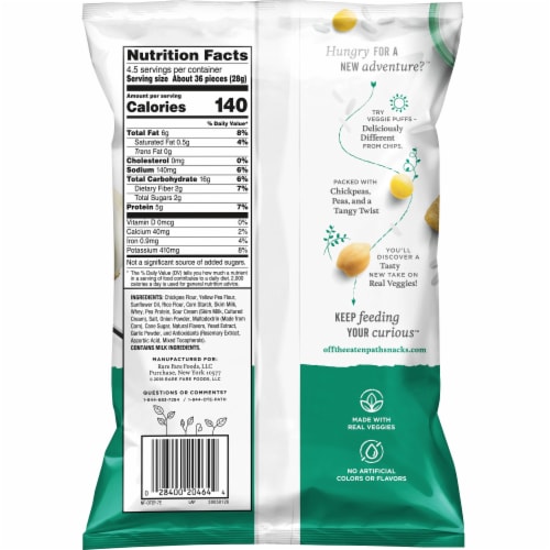 Off the Eaten Path Sour Cream and Onion Veggie Puffs Snacks Perspective: back