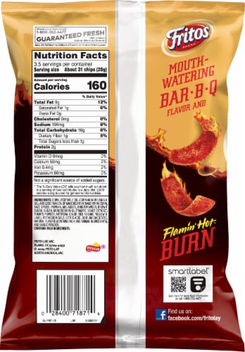 Fritos Flamin' Hot Bar-B-Q Flvored Corn Chips Perspective: back