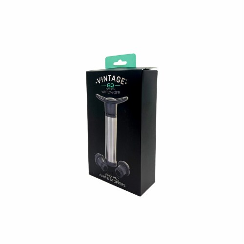 Vintage 82 Vino-Vac Stainless Steel Pump & Stoppers Perspective: back