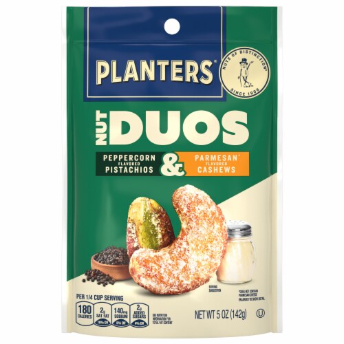 PLANTERS® 5 g Protein Nut Duos Whole Peppercorn Flavored Pistachios and Parmesan Flavored Cashews Perspective: back