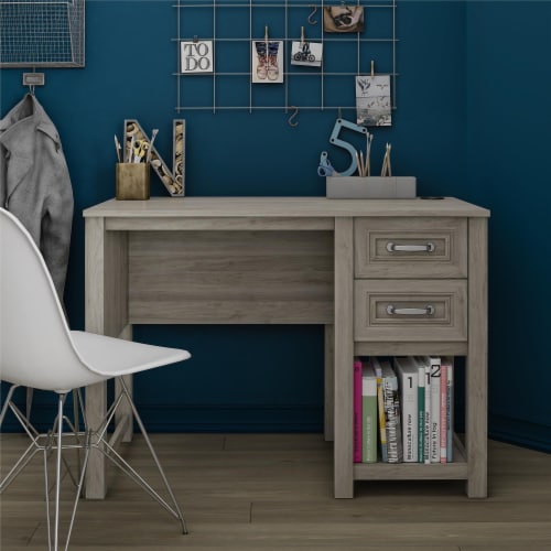 Sierra Ridge Levi Single Pedestal Kids’ Desk, Light Walnut Perspective: back