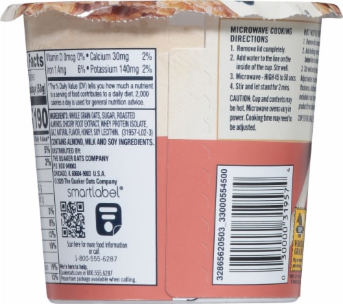 Quaker® Instant Oatmeal Express Breakfast Cereal Cup Honey and Almonds Sugar Perspective: back