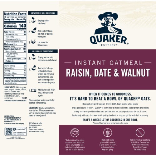 Quaker Raisin Date & Walnut Instant Oatmeal Packets Perspective: back