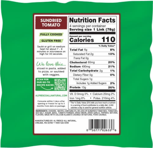 Al Fresco® Sundried Tomato With Basil Chicken Sausage Perspective: back