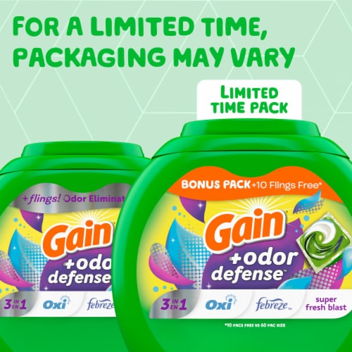 Gain Flings with Odor Defense Super Fresh Blast Laundry Detergent Pacs Perspective: back
