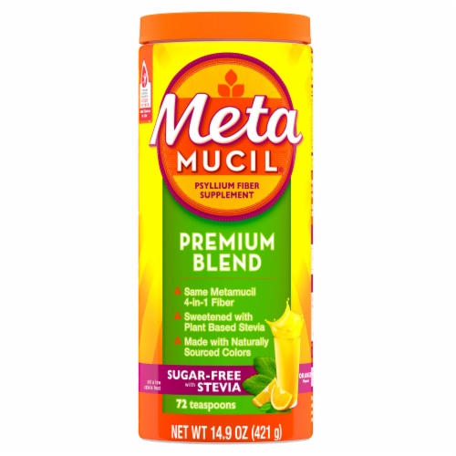 Metamucil Psyllium Fiber Supplement Premium Blend Sugar Free with Stevia Orange Powder Perspective: back