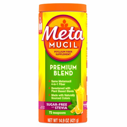 Metamucil Psyllium Fiber Supplement Premium Blend Sugar Free with Stevia Orange Powder Perspective: back