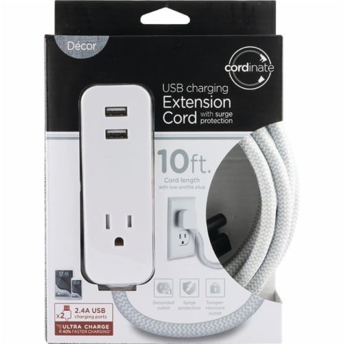 Cordinate Extension Cord, 10Ft 1Outlet 2USB 2.4A Surge Gry/Wht Perspective: back