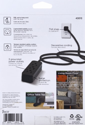 Jasco Cordinate Black Surge 3 Outlet Extension Cord Perspective: back