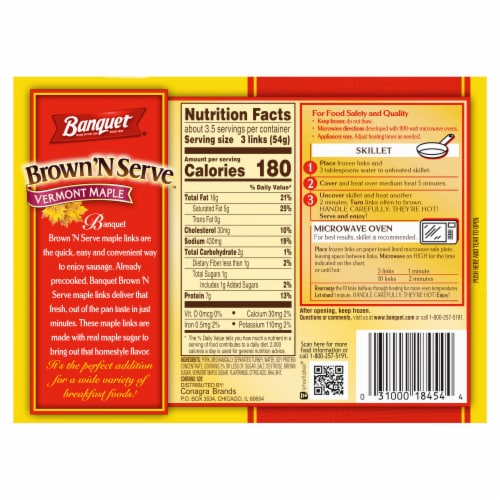 Banquet Brown 'n Serve Vermont Maple Fully Cooked Sausage Links Frozen Meat Perspective: back