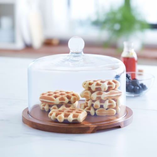 Libbey Acaciawood Flat Round Wood Server Cake Stand with Glass Dome Perspective: back