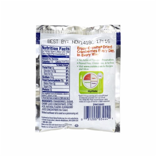 OCEAN SPRAY Craisins Cherry Flavored Dried Cranberries 1.16 oz 200/Pack (307-00077) Perspective: back
