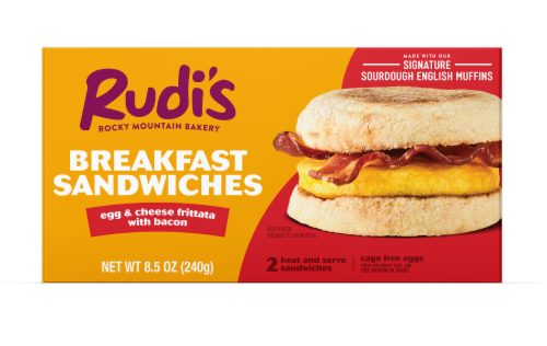 Rudi's Egg & Cheese Frittata with Bacon on Sourdough English Muffin Breakfast Sandwiches Perspective: back