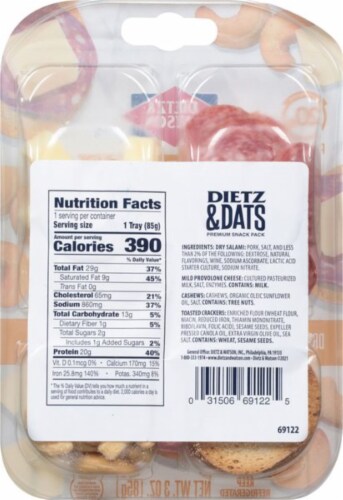 Dietz & Watson Dietz & Datz Dry Salami/Provolone/Cashews/Crackers Premium Snack Pack Perspective: back