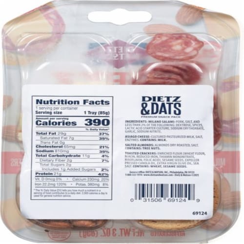 Dietz & Watson Dietz & Datz Milano Salami/Asiago/Almonds/Crackers Premium Snack Pack Perspective: back
