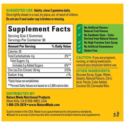 Nature Made® Mixed Berry Zinc Dietary Supplement Gummies 30 mg Perspective: back