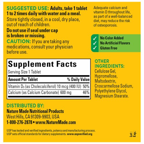 Nature Made® Calcium with Vitamin D3 600mg Tablets Perspective: back