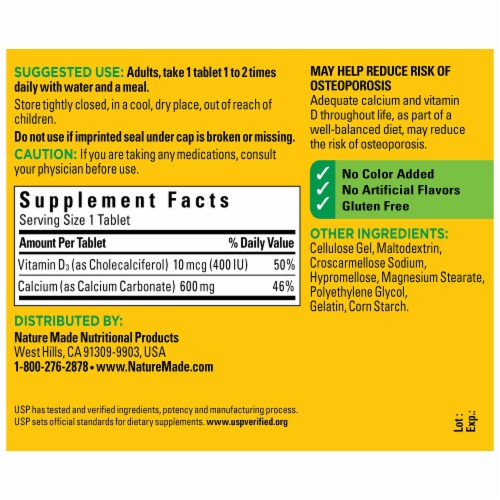 Nature Made® Calcium with Vitamin D3 Tablets 600mg Perspective: back