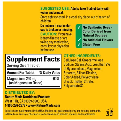 Nature Made Magnesium Oxide 250 mg Tablets Perspective: back
