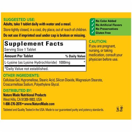 Nature Made® Extra Strength L-Lysine Tablets 1000mg Perspective: back
