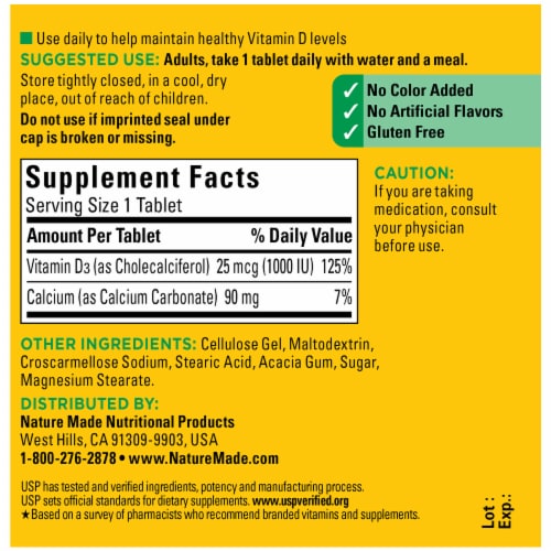 Nature Made® Vitamin D3 25mcg Tablets Perspective: back
