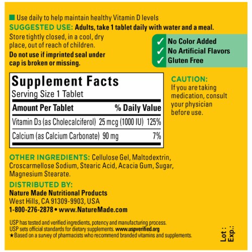 Nature Made® Vitamin D3 25mcg Tablets Perspective: back