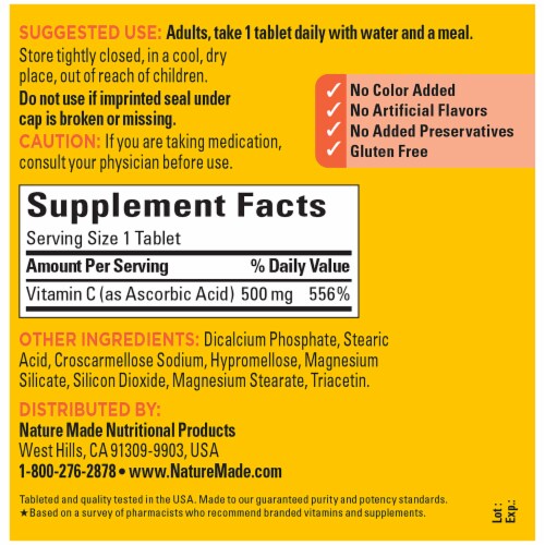 Nature Made Vitamin C 500 mg Tablets Perspective: back