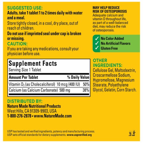 Nature Made® Calcium with Vitamin D3 Tablets 500mg Perspective: back