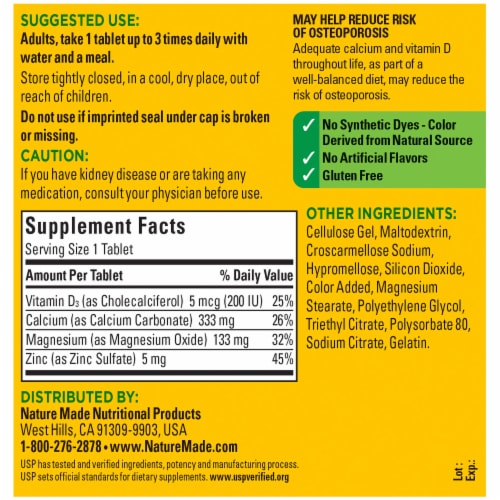 Nature Made® Calcium Magnesium Zinc Tablets Perspective: back