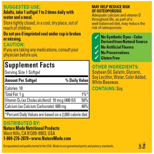 Nature Made® Calcium with Vitamin D3 Softgels 600mg Perspective: back