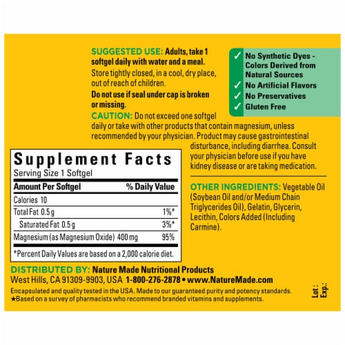 Nature Made Extra Strength Magnesium 400 mg Softgels Perspective: back
