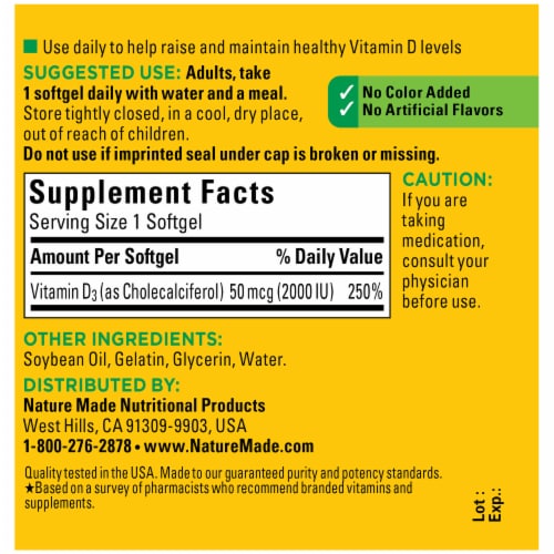 Nature Made® Vitamin D3 50mcg Softgels Perspective: back