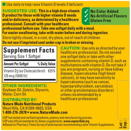 Nature Made® Vitamin D3 Extra Strength Softgels 5000IU Perspective: back