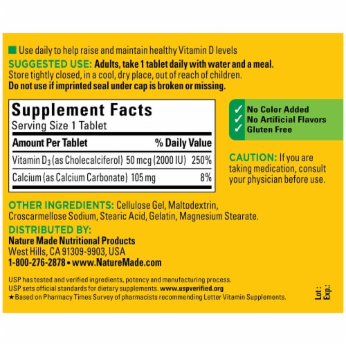 Nature Made® Vitamin D3 Tablets 2000IU Perspective: back