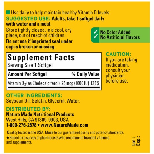Nature Made® Vitamin D3 Softgels 1000IU Perspective: back
