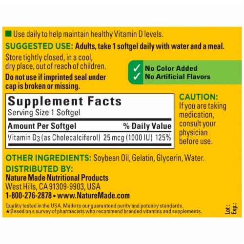 Nature Made® Vitamin D3 Softgels 25mcg Perspective: back
