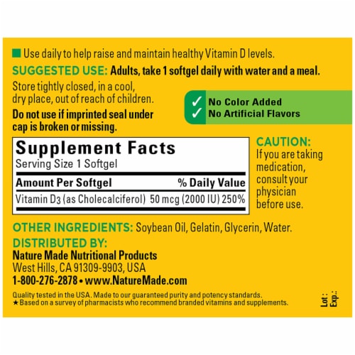 Nature Made® Vitamin D3 Softgels 50mcg Perspective: back