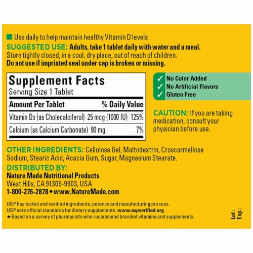Nature Made® Vitamin D3 25 mcg Tablets Perspective: back