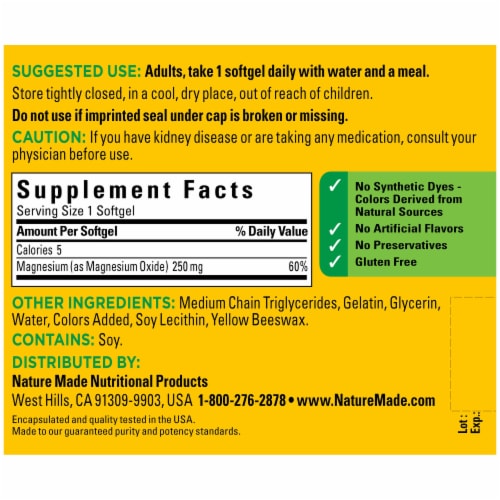 Nature Made Magnesium Softgels 250mg Perspective: back