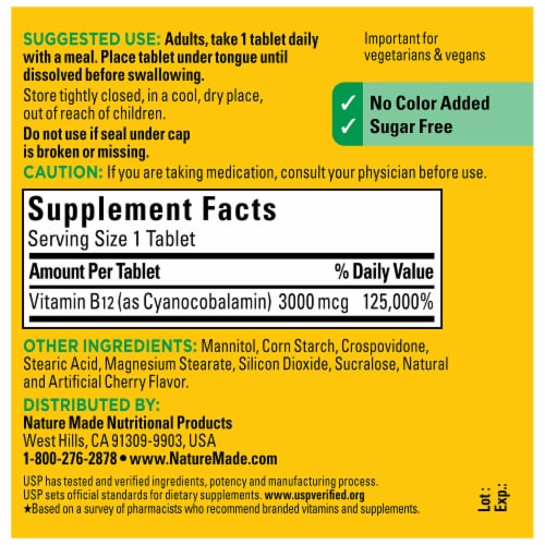 Nature Made® Sublingual Vitamin B12 Cherry Flavor Micro-Lozenges 3000 mcg Perspective: back