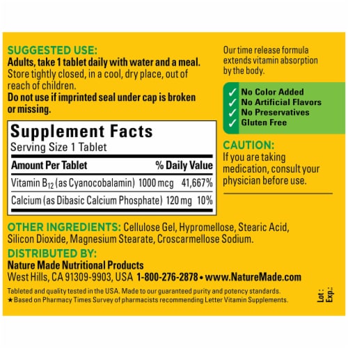 Nature Made® Vitamin B12 Timed Release 1000 mcg Tablets Perspective: back
