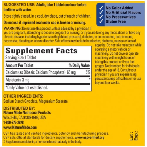 Nature Made® 3mg Melatonin Tablets Perspective: back