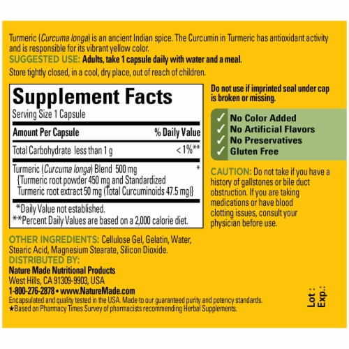 Nature Made® Turmeric Curcumin 500mg Herbal Supplement Capsules Perspective: back