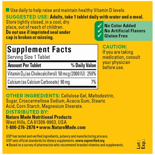 Nature Made Vitamin D3 Tablets 2000 IU Perspective: back