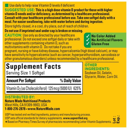 Nature Made® Extra Strength Vitamin D3 Softgels Perspective: back